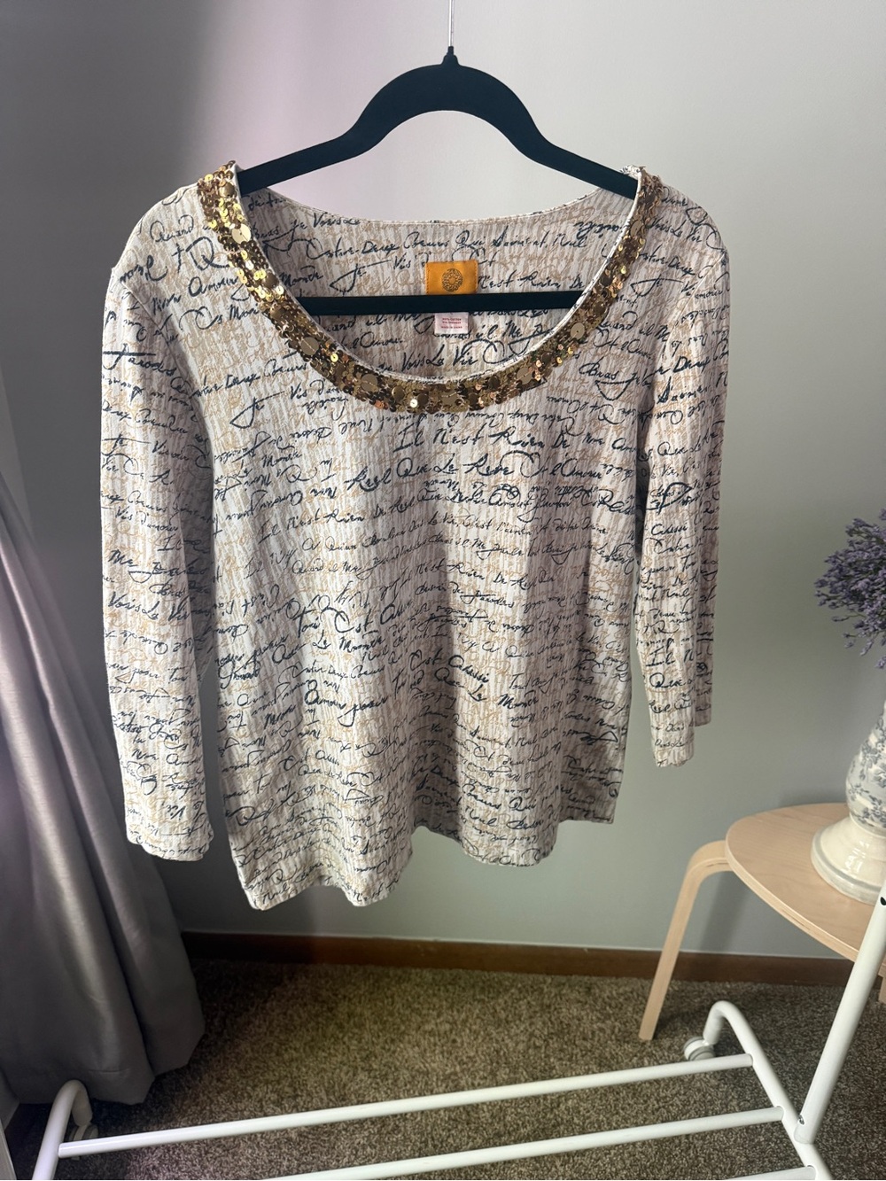 Ruby Rd. Cream Script Print Long Sleeve Top with Gold Sequin Scoop Neck
